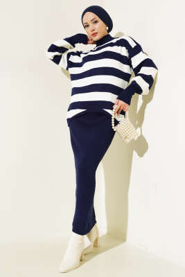 Kalın Çizgili Jile Triko İkili Takım Lacivert - Thumbnail