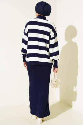 Kalın Çizgili Jile Triko İkili Takım Lacivert - Thumbnail