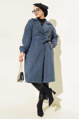 Zigzag Desenli Kuşaklı Trençkot İndigo - Thumbnail