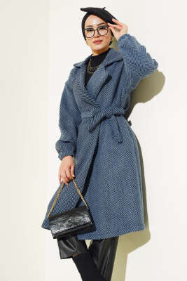 Zigzag Desenli Kuşaklı Trençkot İndigo - Thumbnail