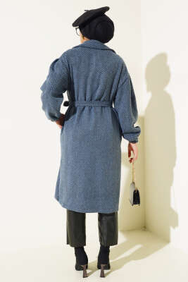 Zigzag Desenli Kuşaklı Trençkot İndigo - Thumbnail