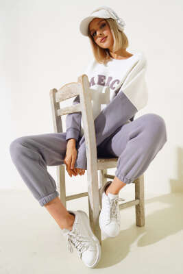 Merci Nakışlı Üç İplik Sweatshirt İkili Takım Lila - Thumbnail