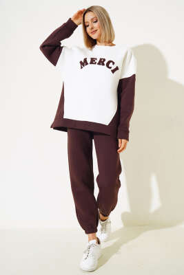 Merci Nakışlı Üç İplik Sweatshirt İkili Takım Kahve - Thumbnail