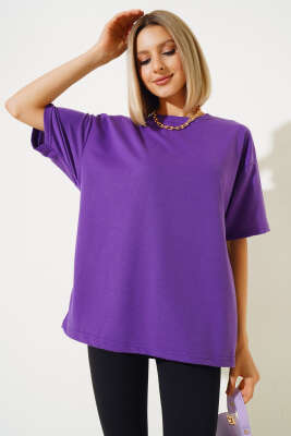 Oversize Basic T-shirt Mor - Thumbnail