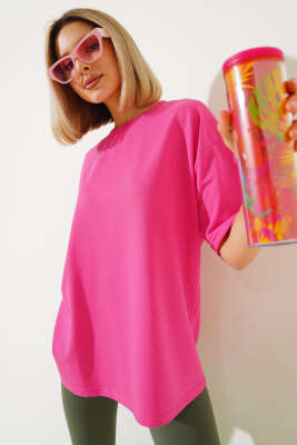Oversize Basic T-shirt Fuşya - Thumbnail