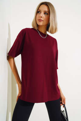 Oversize Basic T-shirt Bordo - Thumbnail