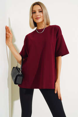 Oversize Basic T-shirt Bordo - Thumbnail