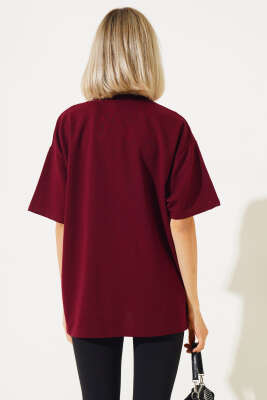 Oversize Basic T-shirt Bordo - Thumbnail