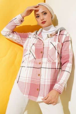 Çift Cepli Kapüşonlu Oduncu Gömlek Pudra - Thumbnail