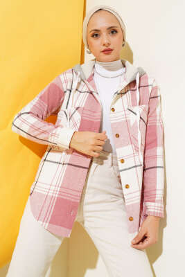 Çift Cepli Kapüşonlu Oduncu Gömlek Pudra - Thumbnail