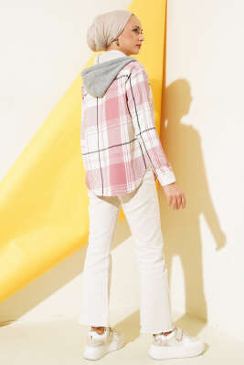 Çift Cepli Kapüşonlu Oduncu Gömlek Pudra - Thumbnail