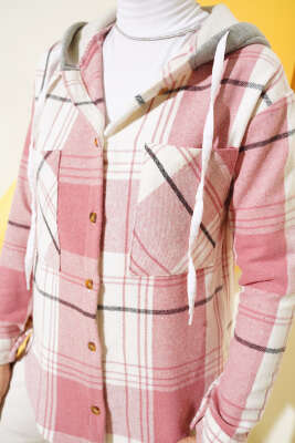 Çift Cepli Kapüşonlu Oduncu Gömlek Pudra - Thumbnail