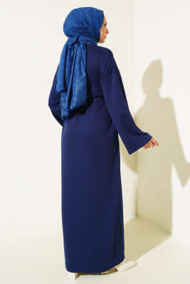 Loyşa Kuşaklı Basic Elbise Lacivert - Thumbnail