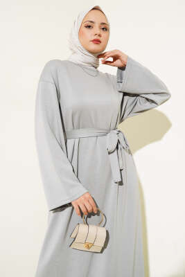 Loyşa Kuşaklı Basic Elbise Gri - Thumbnail