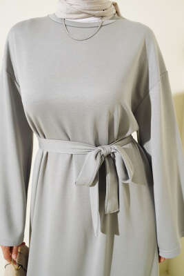 Loyşa Kuşaklı Basic Elbise Gri - Thumbnail
