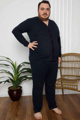 Pazarium - Boy Düğmeli Büyük Beden Erkek Pijama Takımı Lacivert Bordo