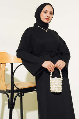 Loyşa Kuşaklı Basic Elbise Siyah - Thumbnail