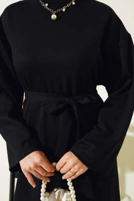 Loyşa Kuşaklı Basic Elbise Siyah - Thumbnail