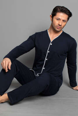 Boydan Düğmeli Uzun Kol Erkek Pijama Takım Lacivert Bordo - Thumbnail