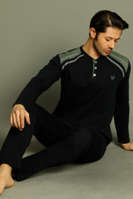 Pazarium - Düğmeli Armalı Erkek Pijama Takımı Lacivert Haki