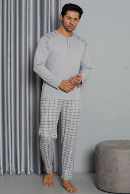 Pazarium - Uzun Kol Ekose Desen Erkek Pijama Takım Gri