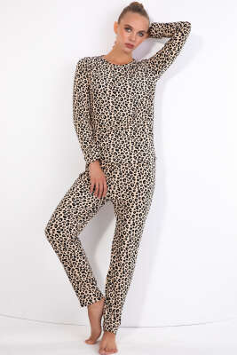 Pazarium - Süet Bisiklet Yaka Uzun Kol Pijama Takımı Leopar