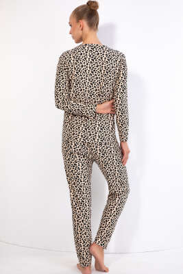 Süet Bisiklet Yaka Uzun Kol Pijama Takımı Leopar - Thumbnail