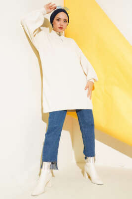 Yaka Fermuarlı Balon Kol Triko Tunik Taş - Thumbnail