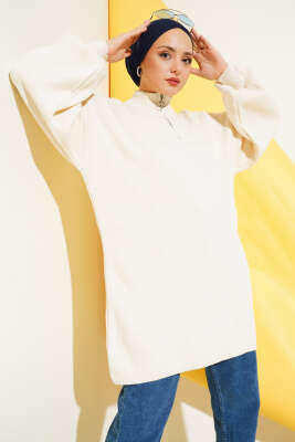 Yaka Fermuarlı Balon Kol Triko Tunik Taş - Thumbnail