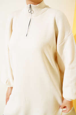 Yaka Fermuarlı Balon Kol Triko Tunik Taş - Thumbnail