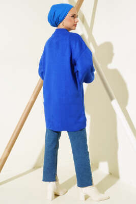 Yaka Fermuarlı Balon Kol Triko Tunik Saks - Thumbnail