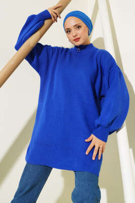 Yaka Fermuarlı Balon Kol Triko Tunik Saks - Thumbnail