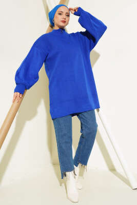 Yaka Fermuarlı Balon Kol Triko Tunik Saks - Thumbnail