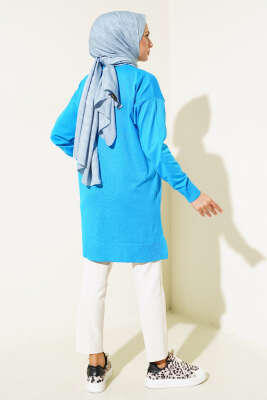 Yırtmaçlı Basic Triko Tunik Mavi - Thumbnail