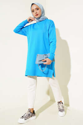 Yırtmaçlı Basic Triko Tunik Mavi - Thumbnail
