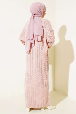 Saç Örgülü Triko Elbise Pudra - Thumbnail