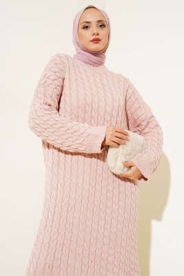 Saç Örgülü Triko Elbise Pudra - Thumbnail