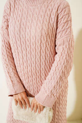 Saç Örgülü Triko Elbise Pudra - Thumbnail