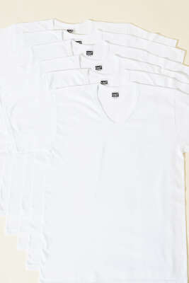 CNT 6'lı Erkek V Yaka Kısa Kol Fanila Beyaz - Thumbnail