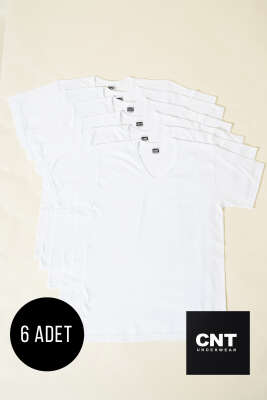 Pazarium - CNT 6'lı Erkek V Yaka Kısa Kol Fanila Beyaz