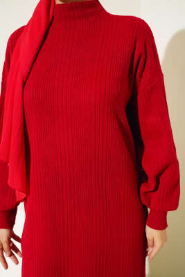 Fitilli Düz Pike Elbise Kırmızı - Thumbnail