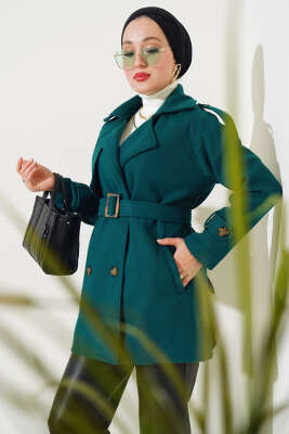 Pazarium - Omuz Apoletli Kuşaklı Kısa Kaşe Kaban Zümrüt