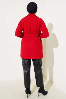 Omuz Apoletli Kuşaklı Kısa Kaşe Kaban Kırmızı - Thumbnail
