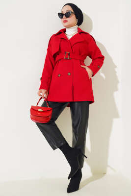 Omuz Apoletli Kuşaklı Kısa Kaşe Kaban Kırmızı - Thumbnail