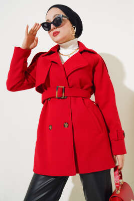 Omuz Apoletli Kuşaklı Kısa Kaşe Kaban Kırmızı - Thumbnail