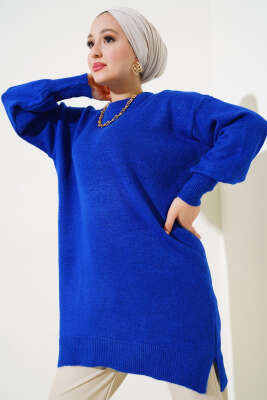 Yırtmaçlı Düz Yumoş Triko Tunik Saks - Thumbnail