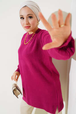 Yırtmaçlı Düz Yumoş Triko Tunik Menekşe - Thumbnail