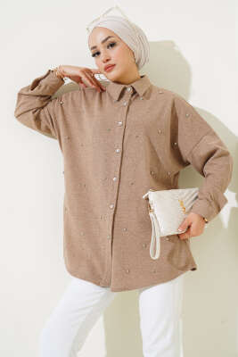 Taşlı Düşük Omuz Gömlek Camel - Thumbnail