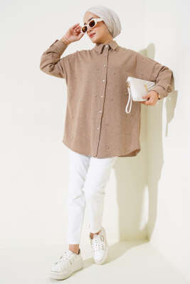 Taşlı Düşük Omuz Gömlek Camel - Thumbnail