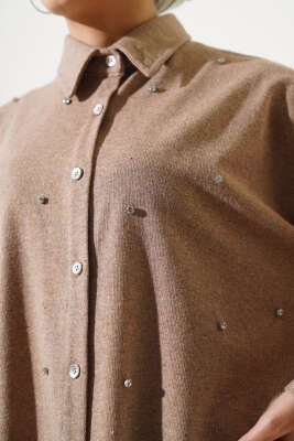 Taşlı Düşük Omuz Gömlek Camel - Thumbnail